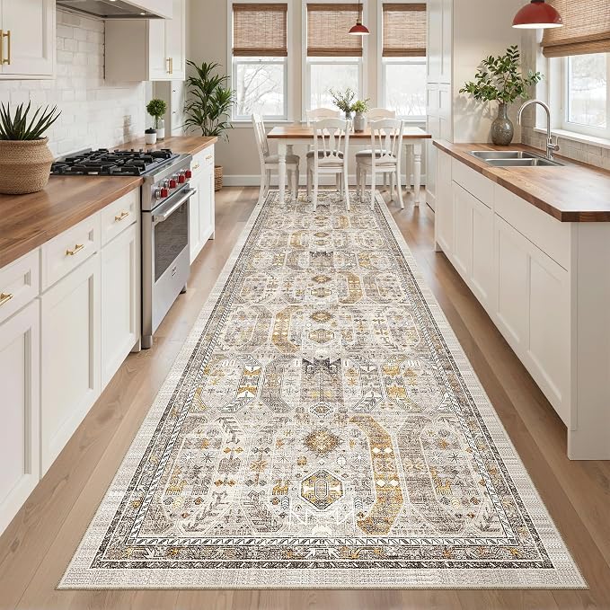 Madane Hallway Runner Rug 3x12 Washable Kitchen Runners 12ft, Brown/Gold | Vintage Non Slip Area Rugs for Hallways, Soft Low-Pile Thin Farmhouse Wide Floor Carpet for Entryway Foyer Bathroom Bedroom