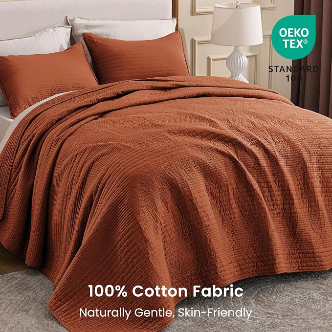 Love's cabin Queen Size Cotton Quilt Set, 100% Cotton Fabric Striped Textured Coverlet with Crinkled Look, Lightweight Quilted Bedspread for All Season, Includes 2 Pillow Shams, Umber