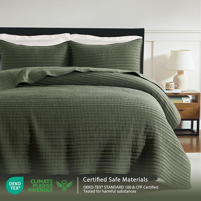 WDCOZY Olive Green Twin Size Pick Stitch Quilt Set, 2 Pieces 68x90 inches | Striped Lightweight Bedspread, Channel Farmhouse Coverlet, All Season Bedding Comforter, Textured Linen-Like, 1 Pillow Sham