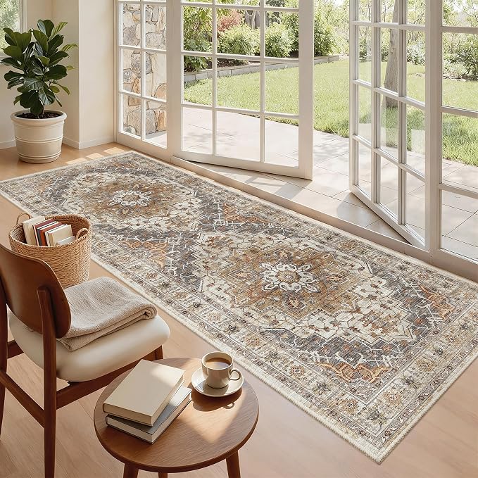 Madane Hallway Runner 3x8, Kitchen Rugs Washable Entry Rug, Turmeric/Grey | Vintage Non Slip Entryway Indoor Area Rugs, Soft Low-Pile Farmhouse Wide Carpet Runners for Bathroom Living Room Bedroom