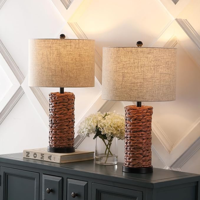 JONATHAN Y Elicia 25" Water Hyacinth Table Lamp, Dark Brown, Set of 2