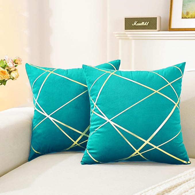 Gyulin Pack of 2 Velvet Throw Pillow Covers 18x18 Inch - Aqua Green Gold Foil Geometric Cushion Cases, Modern Luxury Sofa Bedroom Living Room Home Decor