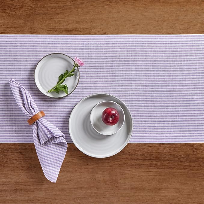 Solino Home 100% Linen Table Runner, 14 x 48 in, Lavender and White Striped | Narrow Stripe, brings a tailored look to family meals and hosting, woven stripe, European flax fibres, OEKO-TEX Certified