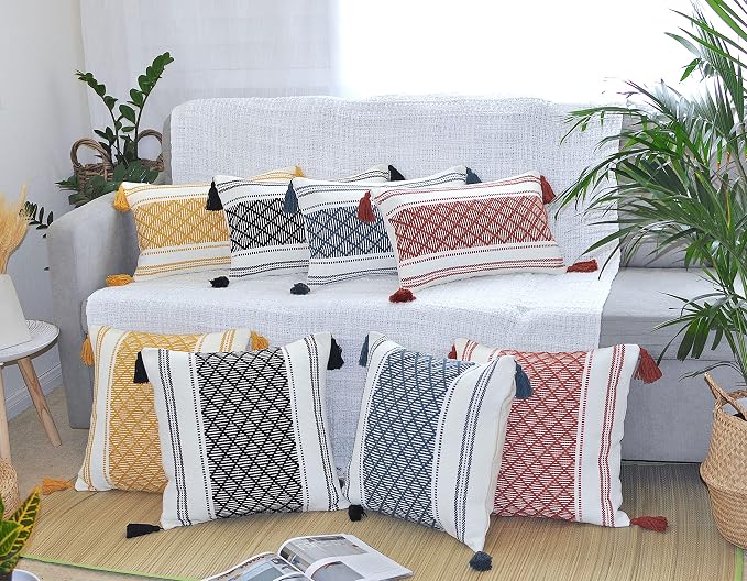 Boho Decorative Lumbar Pillow Covers with Tassels Black and White 12x20 inch -Set of 2 / Small Rectangle Cushion Covers for Couch Sofa/Farmhouse Woven Pillow Cases/Accent Cushion Covers