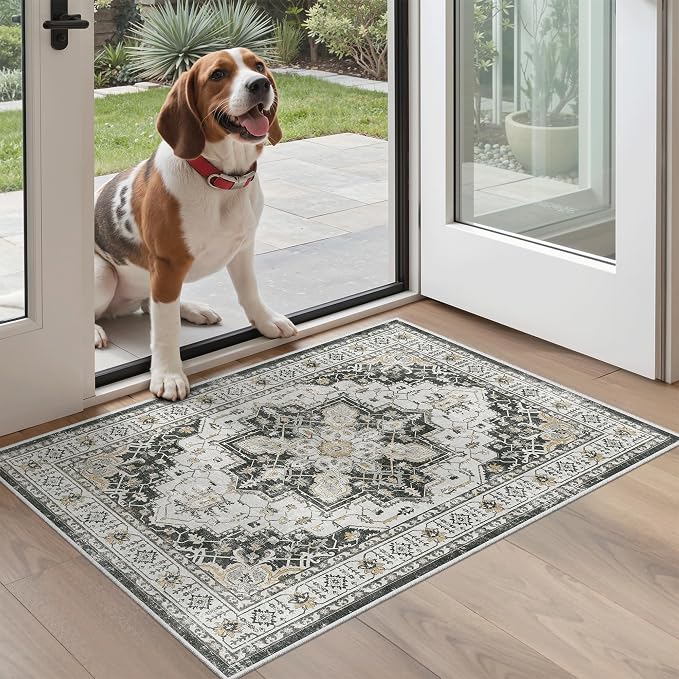 Madane Washable Area Rug 2x3 Small Entryway Rugs Non-Slip, Black | Vintage Stain-Resistant Door Mat Indoor Entrance, Low Pile Floor Carpet for Inside Front Bedroom Kitchen Entry Laundry, Stair
