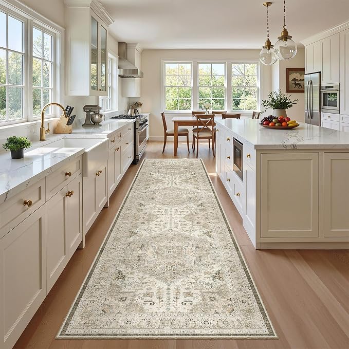 Madane Hallway Runner Rug 2'6''x10' Kitchen Runners Vintage, Ivory/Brown | Non-Slip Washable Rugs 10ft for Laundry Room, Entryway and Bedroom, Soft Low Pile Stain-Resistant Wide 2.5x10 Ft Floor Carpet