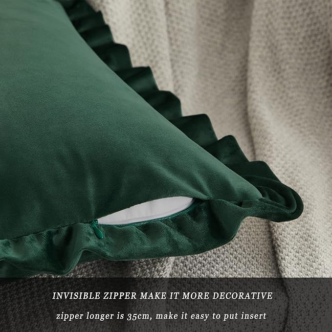 GIGIZAZA Army Green Decorative Throw Pillow Covers, 16x16 Velvet Ruffle Cushion Pillow Covers for Sofa Couch Set of 2