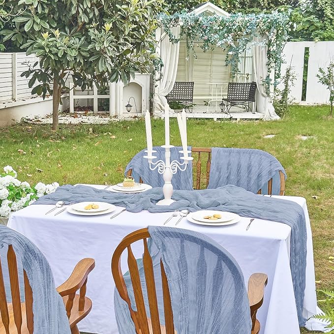 IVAPUPU Dusty Blue Table Runner 120 Inches for Birthday Party Home Decor | 6 Pcs Boho Gauze 10FT Cheesecloth Table Runners for Wedding Baby Shower Decorations Summer Garden Farmhouse