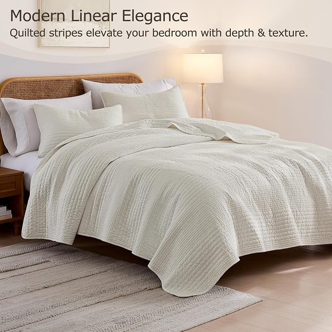 palassio Striped Beige 100% Cotton Quilt California Cal King Size Bedding Sets, Oversized Lightweight Channel Pick Stitch Textured Bedspread Soft Farmhouse Country Coverlet for All Season, 2 Shams