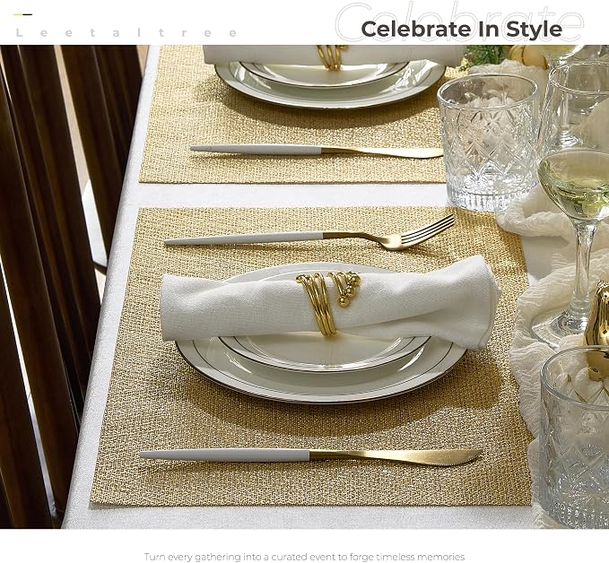Leetaltree Gold Placemats Set of 8 - Heat Resistant Non-Slip Place mats for Dining Table, Washable Durable PVC Vinyl Woven Table Mats(Luxury Gold, 8)