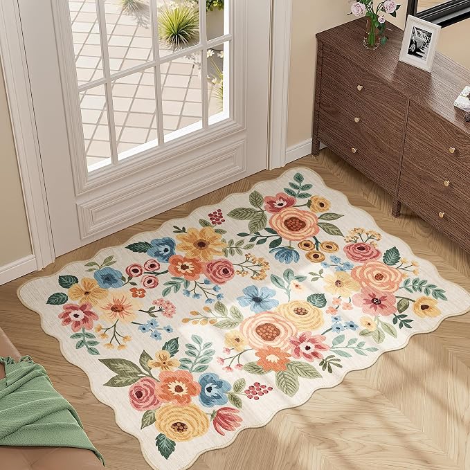 DUKINO 2x3 Rug for Entryway, Floral Door Mat Washable Rug, Beige Yellow | Non Slip, Low Pile, Soft Small Rugs for Kitchen, Entrance, Bedroom, Bathroom, Laundry, Pet Friendly, Non-Shedding, Home Decor