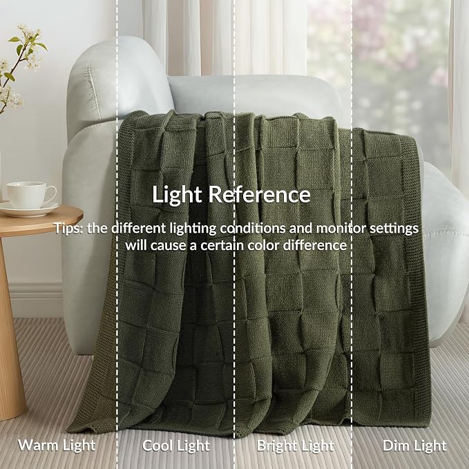 Whale Flotilla Checkered Knit Throw Blanket for Couch, Olive | Soft Decorative Knitted Blankets for Couch Sofa Bed, Lightweight Cozy Throws for Spring Summer, 60x80 Inch