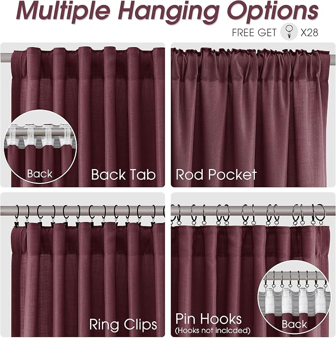 Extra Long Linen Curtains 108 Inches for Living Room Back Tab Semi Sheer High Floor to Ceiling 9ft Light Filtering Curtain Boho Farmhouse Decor Window Drapes for Bedroom 2 Panels Burgundy