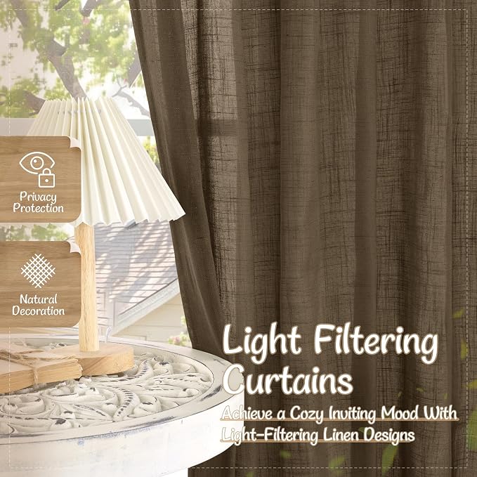 Brown Sheer Curtains 102 Inch Faux Linen Back Tab 2 Panels