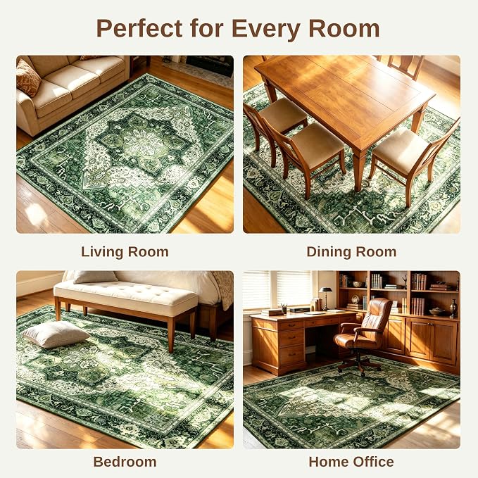 Green 5x7 Washable Rug for Living Room, Non Slip Carpet for Bedroom | Soft faux wool, machine washable & stain resistant. Non-slip rubber backing, low pile. For living room, bedroom, office.