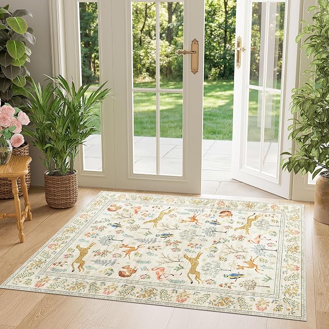 DUKINO 3x4 Rug, Washable Animal Area Rug for Entryway Non Slip, Beige | Soft, Low Pile, Stain Resistant Indoor Carpet Runner for Entryway, Kitchen, Bedroom, Bathroom, Pet Friendly, Home Decor