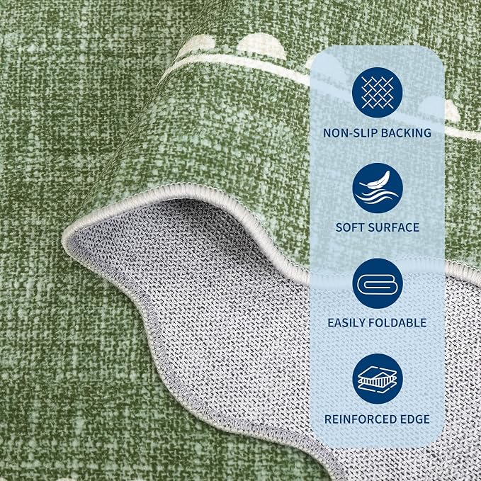 COZYLOOM 6x9 Scalloped Rugs for Dining Room Washable Living Room Area Rug, Non Slip Stain Resistant Modern Bow Carpet Non Shedding Low Pile Soft Bordered Mats for Bedroom, Nursery, Office, Green