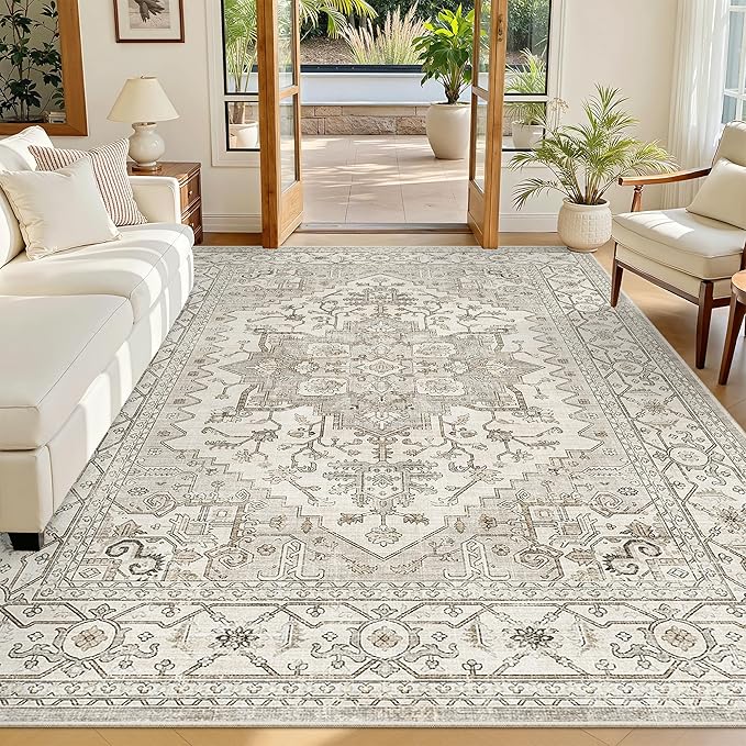 Madane 5x7 Area Rugs for Living Room, Non-Slip Washable Rug, Beige/Brown | Ultra-Thin Stain Resistant Vintage Large 5'X7' Carpet, Soft Low Pile Floor Mat For Bedroom Dining Room Office Home Decor