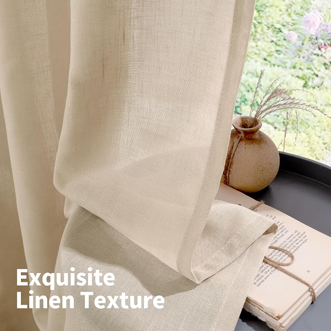 YoungsTex Tan Linen Semi Sheer Curtains 63 Inch Length for Living Room, Light Filtering Drapes with Grommet Lightweight for Bedroom Farmhouse, 2 Panels, 52 X 63 Inch