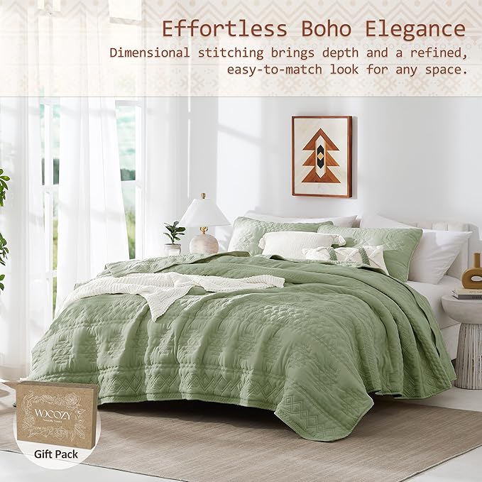 WDCOZY Boho Sage Green Twin Quilt Size Bedding Sets with 1 Pillow Sham, Farmhouse Lightweight Soft Bedspread Coverlet for All Season, 2 Pieces, 68x90 inches