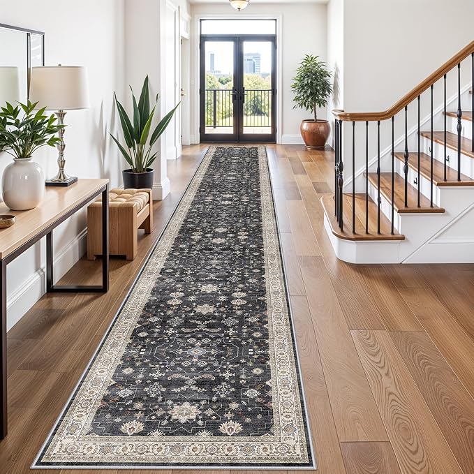 3x20 Washable Hallway Runner Rug - Non-Slip Kitchen Rugs with Rubber Backing Vintage Low Pile Soft Thin Extra Long 20ft Carpet Runners for Indoor Entryway Living Room(Black/Multi,3x20)