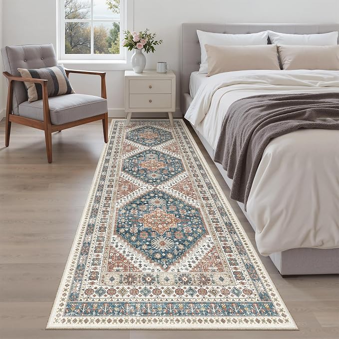 Madane Kitchen Runner 2'6''x8' Soft Rug Runners for Hallways, Navy Blue | Vintage Machine Washable Rugs 2.5x8 Ft, Non-Slip Low Pile Stain-Resistant 8ft Floor Carpet for Laundry Room, Corridor