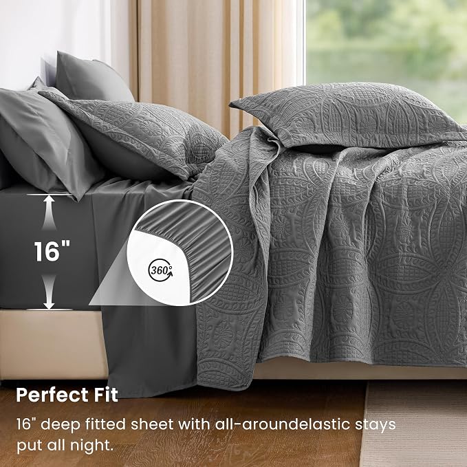Love's cabin King Quilt Set Grey, Bed in a Bag King Size Bedding 7 Pieces, Ultrasonic Embossed Coin Pattern Comforter, Lightweight Bedspreads for All Seasons Quilt with Sheets, Pillowcases & Shams