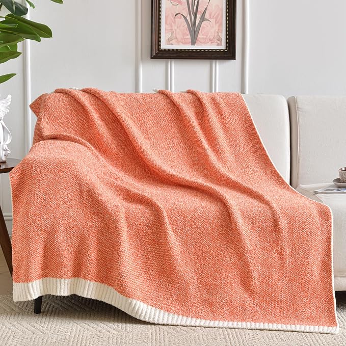 Chunky Knit Boucle Throw Blanket, Soft Washable Coastal Blanket for Bed Couch, Lightweight Cozy Oversized Feather Knit Blanket Indoor Outdoor for Sofa (Orange, Throw 50"x60")