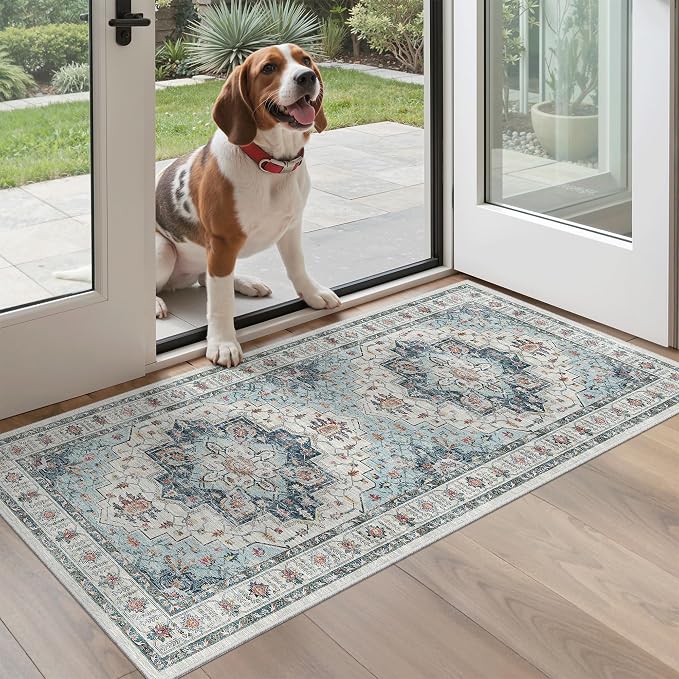 Madane Washable Area Rug 2x4, Small Entryway Rugs Non-Slip, Blue | Vintage Printed Door Mat Indoor Entrance, Low-Pile Floor Carpet Runner for Inside Front Bedroom Kitchen Entry Laundry, Stair