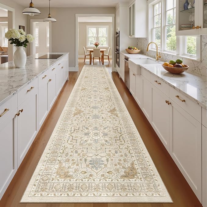 Madane Hallway Runner Rug 2'6''x16' Kitchen Runners Vintage, Beige/Blue | Long Non-Slip Washable Rugs 16ft for Entryway Laundry and Bedroom, Soft Low Pile Stain-Resistant 2.5x16 Ft Floor Carpet