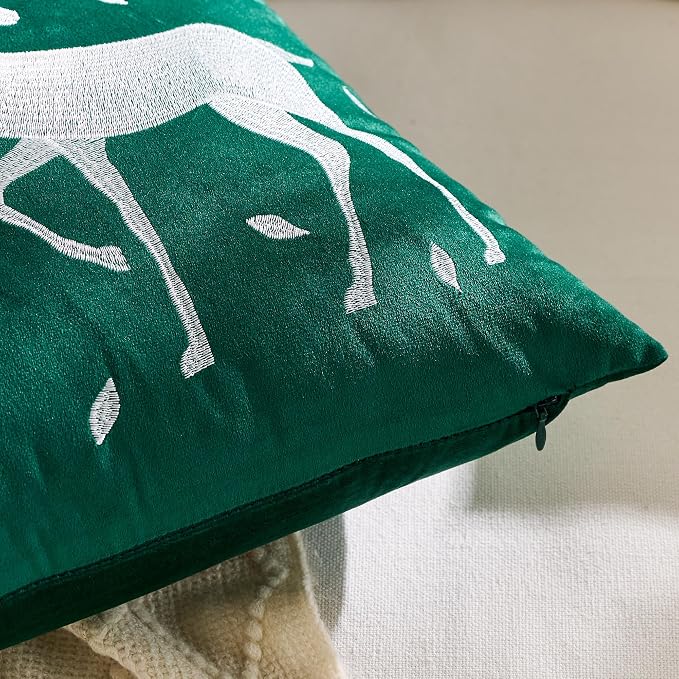 Christmas Deer Snowflake Throw Pillow Covers 18x18 Set of 2 Winter Holiday Decorative Emerald Green Embroidered Luxurious Soft Velvet Accent Pillowcase for Sofa Couch Bed Living Room Home Decor