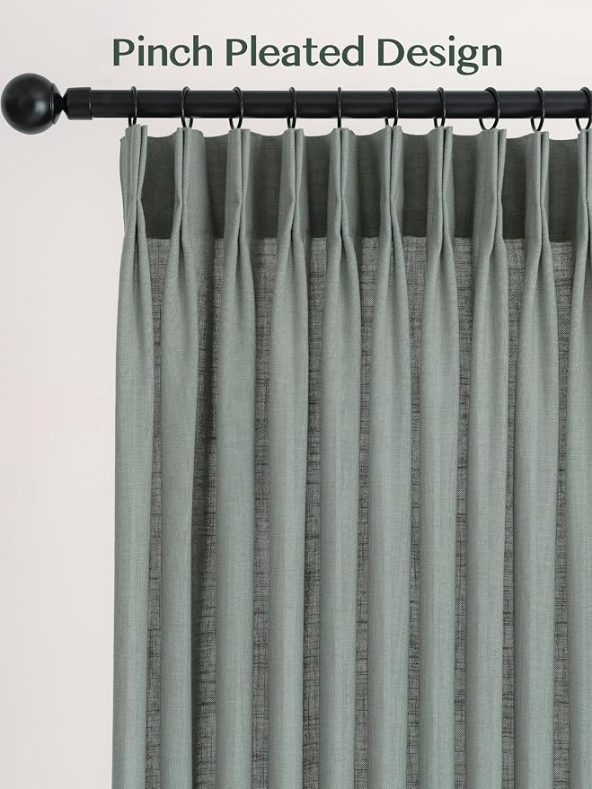 Liz Pinch Pleated Linen Curtains Light Filtering Curtains for Living Room, Farmhouse Window Curtains for Bedroom, Modern Drapes with Hooks and Rings, 95 Inches Long, Sage Green, 2 Panels Set