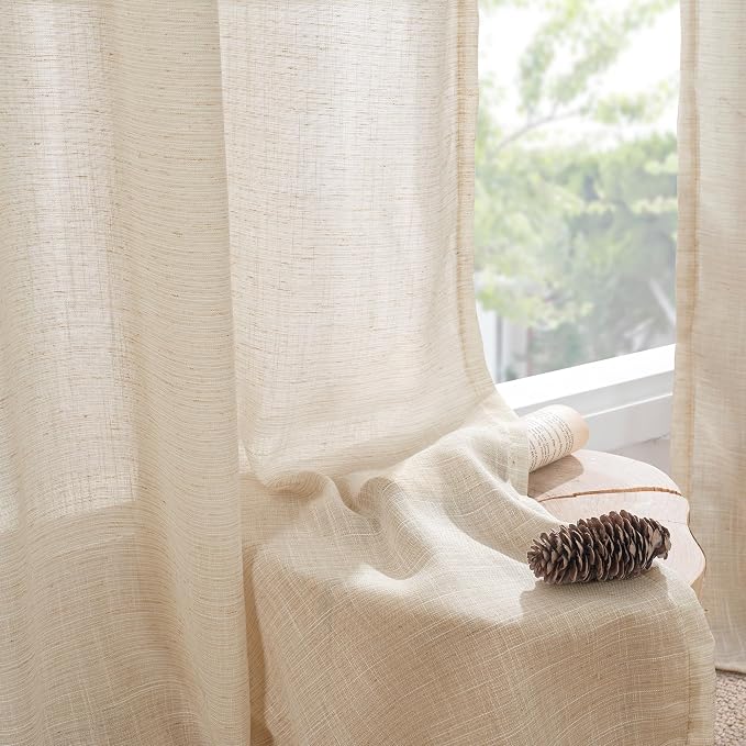BGment Natural Linen Curtains 96 Inches Long for Living Room Burlap Drapes | Tan Semi Sheer with Rod Pocket Light Filtering for Farmhouse Bedroom Window Lightweight, 2 Panels, 52 X 96 Inch