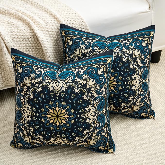 Boho Throw Pillow Covers 18X18 Inch Set of 2 Bohemian Soft Velvet Couch Pillow Cases Farmhouse Decorative Pillow Covers for Sofa Living Room Bedroom Outdoor Patio Porch Indigo Motif