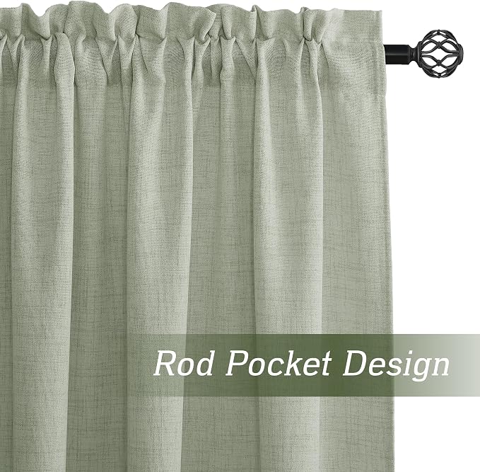 RYB HOME Linen Textured Semi Sheer Curtains 63 inches Long for Living Room | Half Privacy, Light Filtering, Faux Linen Blend, Office Nursery Laundry Dorm Bathroom, Sage, W52 x L63, 2 Panels Set