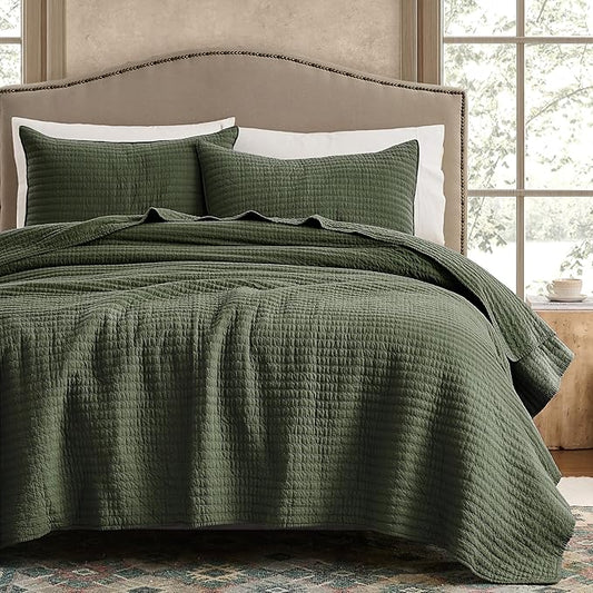 WDCOZY 100% Cotton Twin Size Quilt Set - Olive Green Striped Pick Stitch Soft Lightweight Bedspread, Textured Like Linen, Farmhouse Country Rustic Coverlet, Shabby Chic Gauze Bedding, 2 Pieces