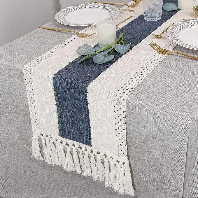 FEXIA Boho Table Runner for Home Decor 12x90 Blue Fall Rustic Decorations | 90 Inches Long with Tassels Macrame Farmhouse Style Party Rustic Wedding Baby Shower Dining Kitchen Living Room Decor