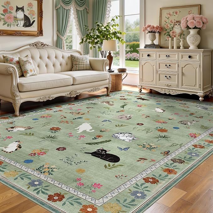 AIMPEAK Green 6x9 Washable Area Rug - Non Slip Low Pile Cat Floral Boho Vintage Carpet for Living Room, Bedroom, Farmhouse, Dining Room, Nursery, Girls Room, Kids Playroom, Green Multi