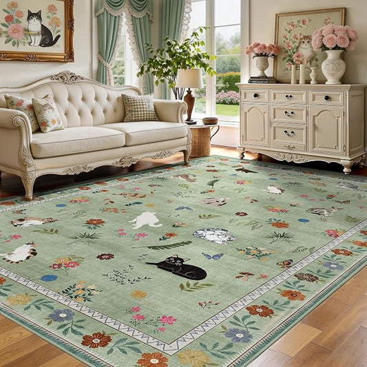 AIMPEAK Green 6x9 Washable Area Rug - Non Slip Low Pile Cat Floral Boho Vintage Carpet for Living Room, Bedroom, Farmhouse, Dining Room, Nursery, Girls Room, Kids Playroom, Green Multi