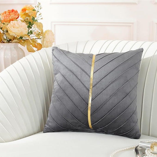 TAOSON Gray Gold Leather Velvet Throw Pillow Covers, 18x18 inch, Pack of 2 | Gold Leather Decorative, Cushion Cases, Spring Summer, Sofa Couch Living Room Décor