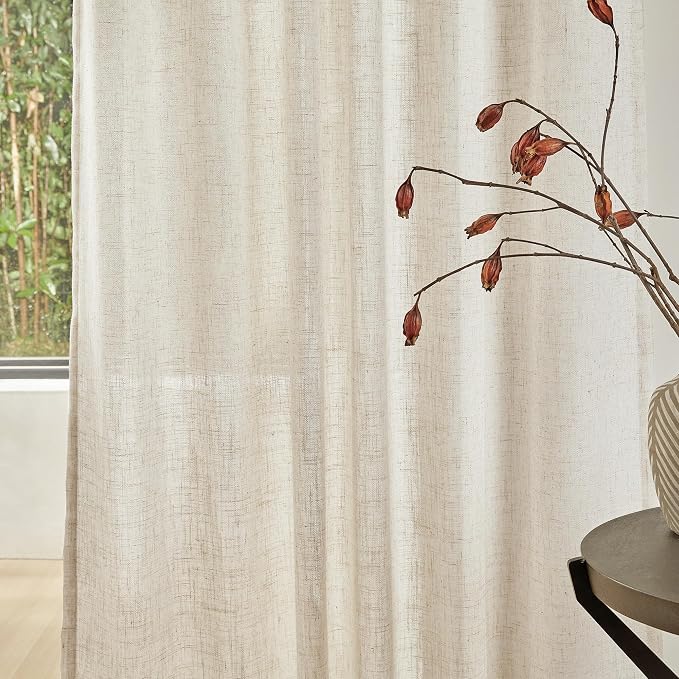 MYSKY HOME Linen Curtains for Living Room, Natural Semi Sheer Curtains & Drapes 80 inches Length 2 Panels Set Farmhouse Country Boho Style Back Tab Draperies for Sliding Glass Door, 50" Wide, Linen