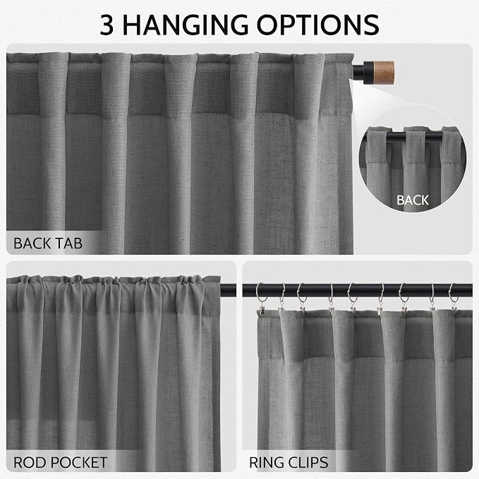 Blazer Grey Curtain SheerLinen Blend Light Filtering Back Tab Curtains 102 Inches Long, Semi Sheer Privacy Drapes for Living Room & Bedroom, 52x102 inch, 2 Panels