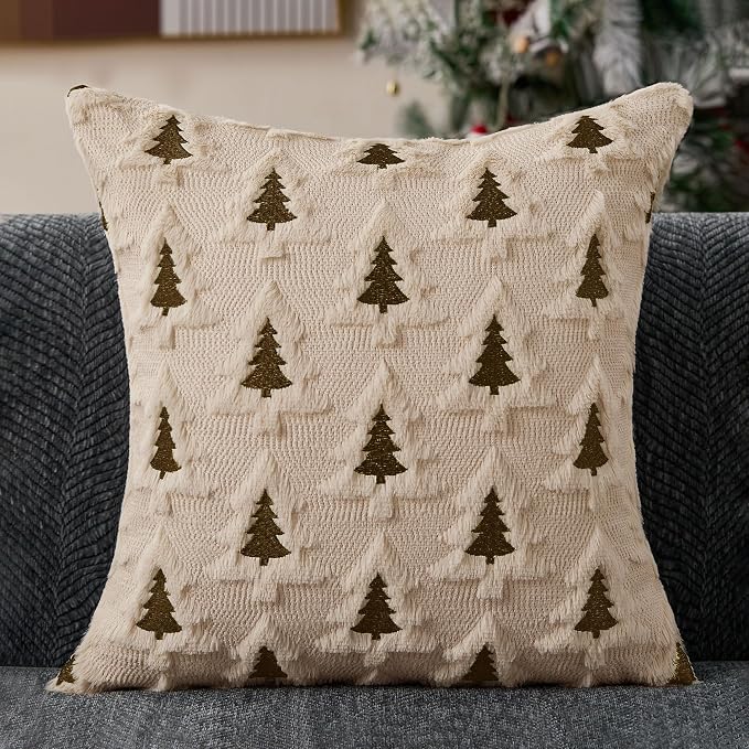 Allorry Christmas Pillow Covers 20x20 Set of 2 Beige Brown Xmas Tree Pillow Covers Soft Plush Faux Fur Christmas Decorations for Xmas Winter Holiday Home Bedroom Sofa Cushion Cases PT-008D20