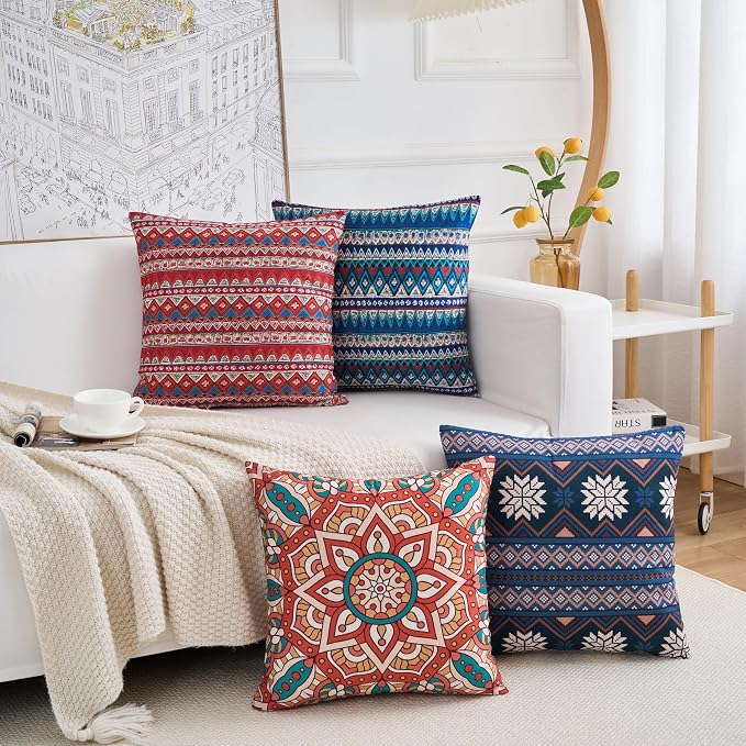 Couch Bohemian Double-Sided Patterned Throw Pillow Covers 18X18 Inch Set of 4 Square Farmhouse Decorative Cushion Covers BOHO Vintage Pillow Cases For Sofa Living Room Bedroom Outdoor Patio Porch