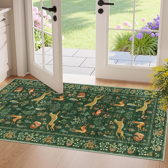 DUKINO 2x4 Rug for Entryway, Animal Washable Runner Rug for Kitchen, Green | Non Slip, Low Pile, Stain Resistant Thin Indoor Carpet for Hallway, Bedroom, Bathroom, Laundry, Pet Friendly, Non-Shedding