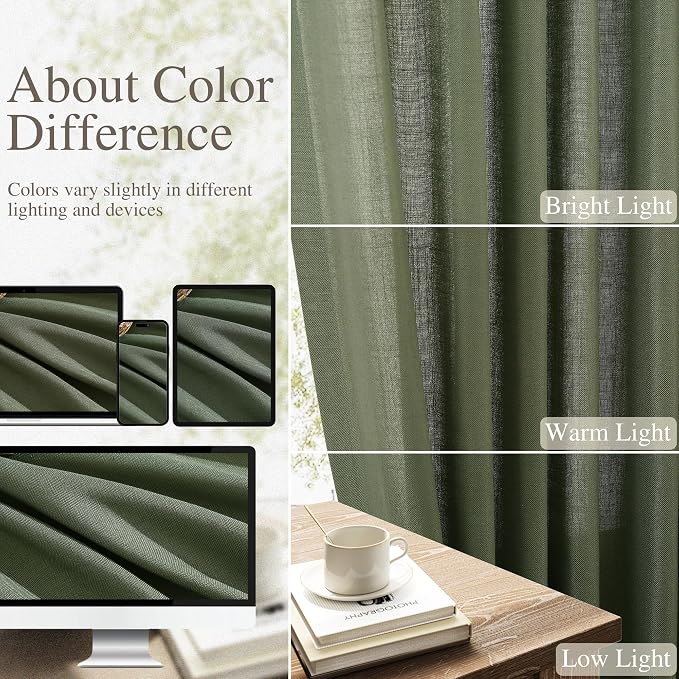 Extra Long Linen Curtain for Living Room 108 Inch Length 2 Panels Set Floor to Ceiling Privacy Translucent with Light Filter Elegant Sheer Drapes for Bedroom Olive Green W52 x L108