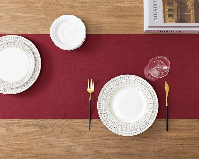 ZeeMart Linen Textured Border Table Runner, 14 x 48 Inch Red | Mitered Corner Design, Medium Weight Fabric, Modern Farmhouse Style, Machine Washable Easy Care Everyday Table Scarf
