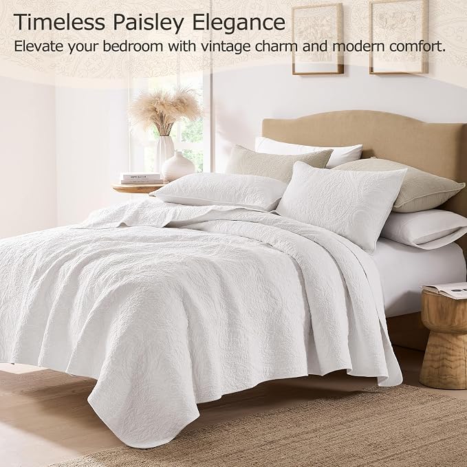 palassio White Paisley 100% Cotton Quilt King Size Bedding Sets with 2 Pillow Shams, Boho Floral Lightweight Farmhouse Country Vintage Soft Bedspread Shabby Chic Coverlet for All Season, 3 Pieces