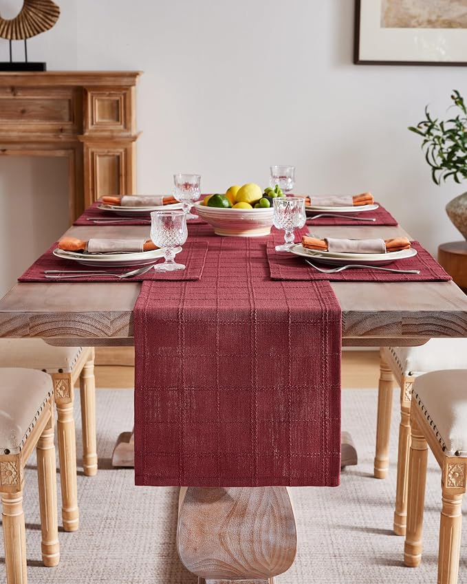 ZeeMart Linen Checked Farmhouse Table Runner, 13x108 Inches Burgundy | Raised Grid Design, Rich Woven Texture, Linen Blend Table Runners 108 Inches Long, Machine Washable, Boho Home Kitchen Decor