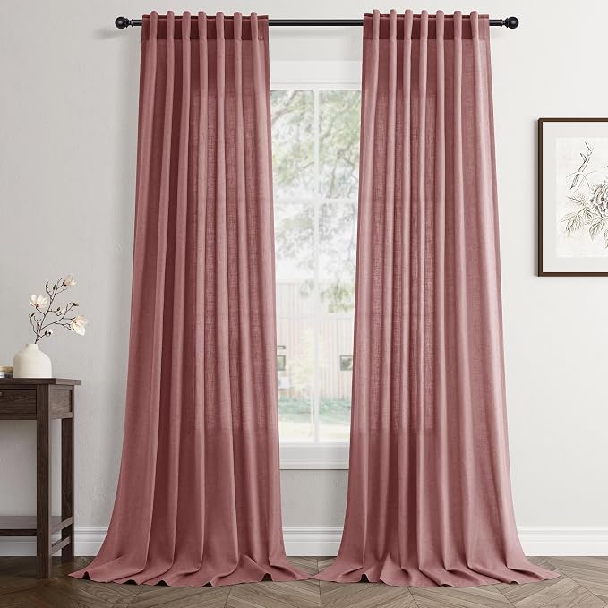 Jowels Canyon Rose Linen Curtains 84 Inch Long 2 Panels for Living Room | Pink Light Filtering Sheer Curtain, Back Tab Pocket Pleated Look, Boho Farmhouse Textured Privacy Drapes for Bedroom Window